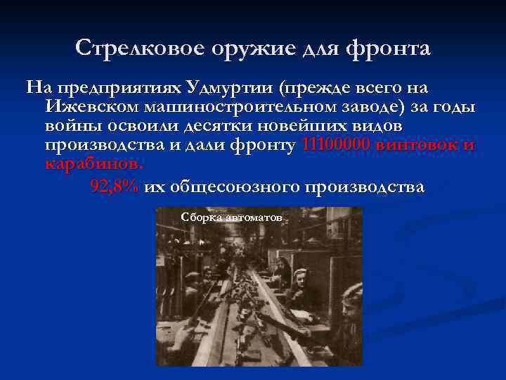 Стрелковое оружие для фронта На предприятиях Удмуртии (прежде всего на Ижевском машиностроительном заводе) за