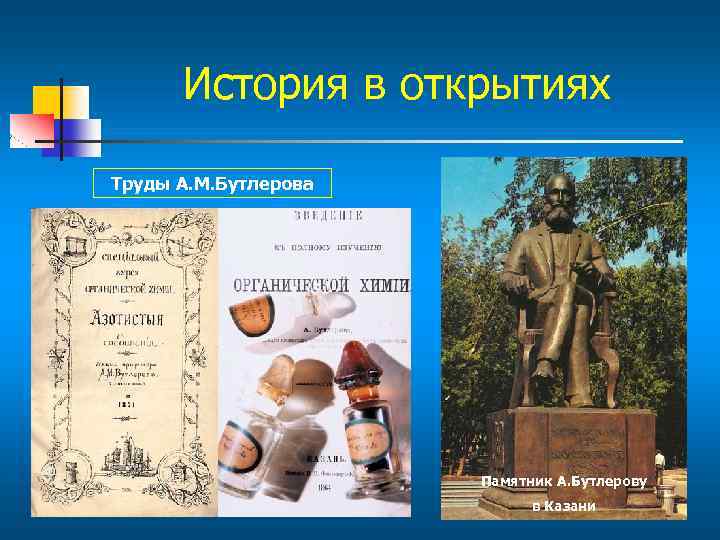 История в открытиях Труды А. М. Бутлерова Памятник А. Бутлерову в Казани 