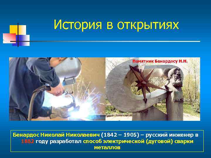 История в открытиях Памятник Бенардосу Н. Н. Бенардос Николай Николаевич (1842 – 1905) –