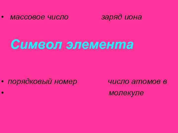  • массовое число заряд иона Символ элемента • порядковый номер • число атомов