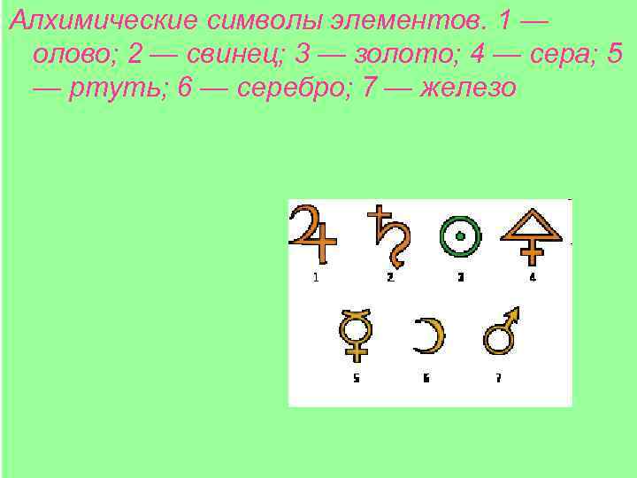 Алхимические символы элементов. 1 — олово; 2 — свинец; 3 — золото; 4 —