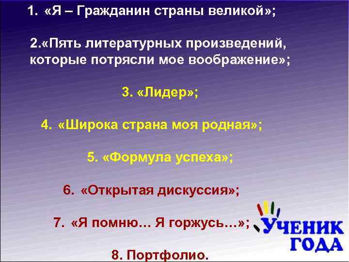 1. «Я – Гражданин страны великой» ; 2. «Пять литературных произведений, которые потрясли мое
