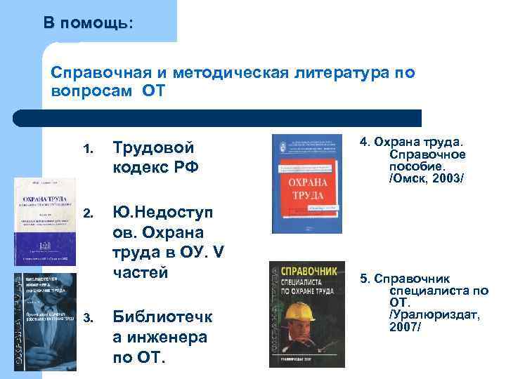 В помощь: Справочная и методическая литература по вопросам ОТ 1. Трудовой кодекс РФ 2.