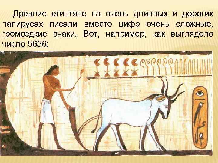 Древние египтяне на очень длинных и дорогих папирусах писали вместо цифр очень сложные, громоздкие