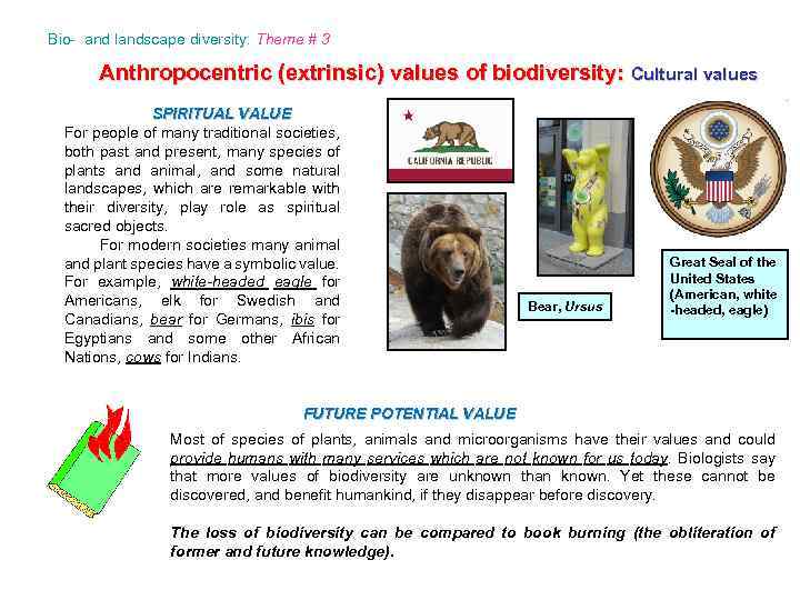 Bio- and landscape diversity: Theme # 3 Anthropocentric (extrinsic) values of biodiversity: Cultural values