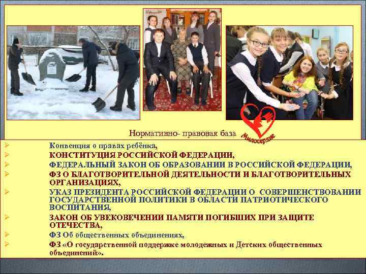 Нормативно- правовая база Ø Ø Ø Ø Конвенция о правах ребёнка, КОНСТИТУЦИЯ РОССИЙСКОЙ ФЕДЕРАЦИИ,