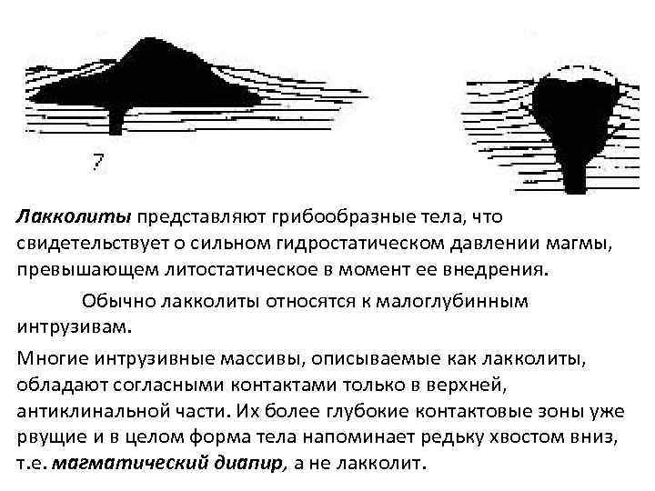 Лакколиты представляют грибообразные тела, что свидетельствует о сильном гидростатическом давлении магмы, превышающем литостатическое в