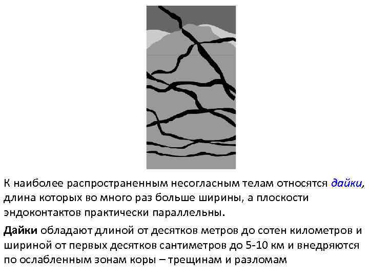 К наиболее распространенным несогласным телам относятся дайки, длина которых во много раз больше ширины,