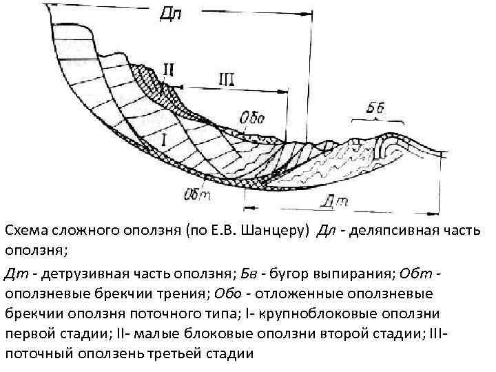 Схема сложного оползня (по Е. В. Шанцеру) Дл - деляпсивная часть оползня; Дт -