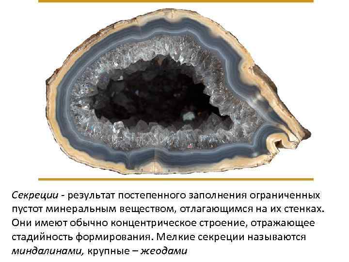 Секреции - результат постепенного заполнения ограниченных пустот минеральным веществом, отлагающимся на их стенках. Они