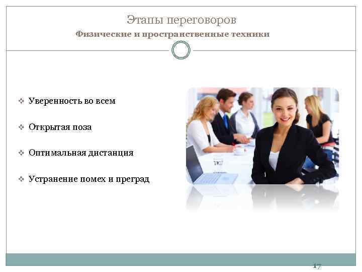 Этапы переговоров Физические и пространственные техники v Уверенность во всем v Открытая поза v