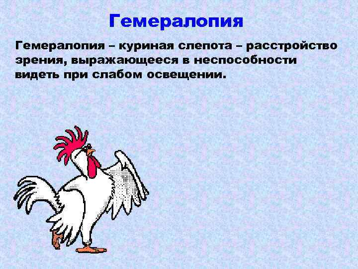 Гемералопия – куриная слепота – расстройство зрения, выражающееся в неспособности видеть при слабом освещении.