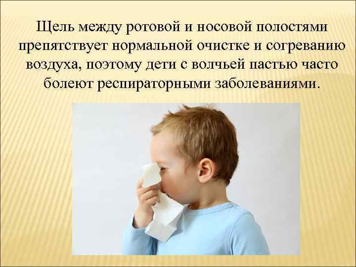 Щель между ротовой и носовой полостями препятствует нормальной очистке и согреванию воздуха, поэтому дети