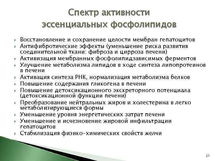 Спектр активности эссенциальных фосфолипидов Восстановление и сохранение целости мембран гепатоцитов Антифибротические эффекты (уменьшение риска