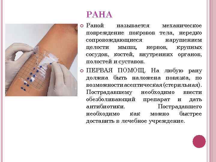 РАНА Раной называется механическое повреждение покровов тела, нередко сопровождающиеся нарушением целости мышц, нервов, крупных