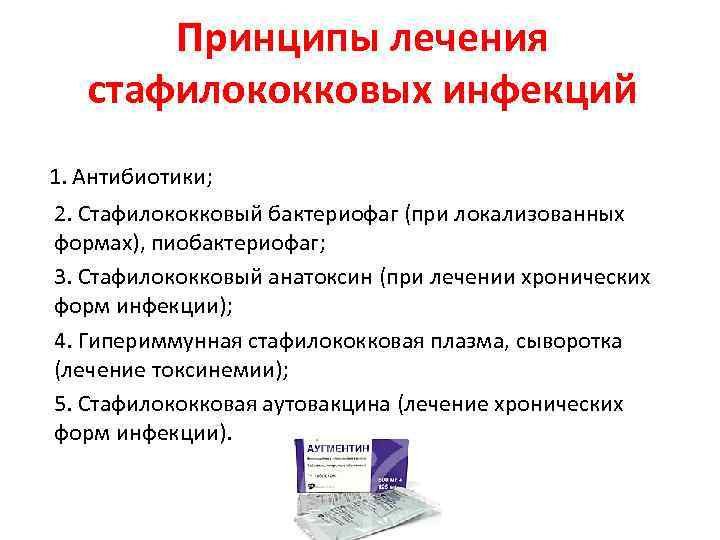 Принципы лечения стафилококковых инфекций 1. Антибиотики; 2. Стафилококковый бактериофаг (при локализованных формах), пиобактериофаг; 3.