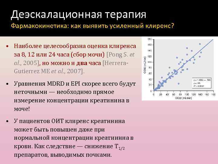 Деэскалационная терапия Фармакокинетика: как выявить усиленный клиренс? • Наиболее целесообразна оценка клиренса за 8,