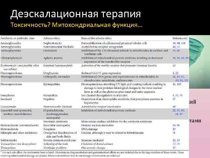 Деэскалационная терапия Токсичность? Митохондриальная функция… • Митохондрии очень близки к бактериям и содержат свой