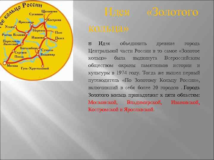 Идея кольца» «Золотого Идея объединить древние города Центральной части России в то самое «Золотое