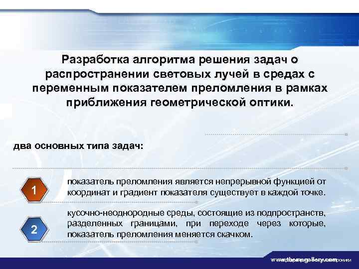 Разработка алгоритма решения задач о распространении световых лучей в средах с переменным показателем преломления