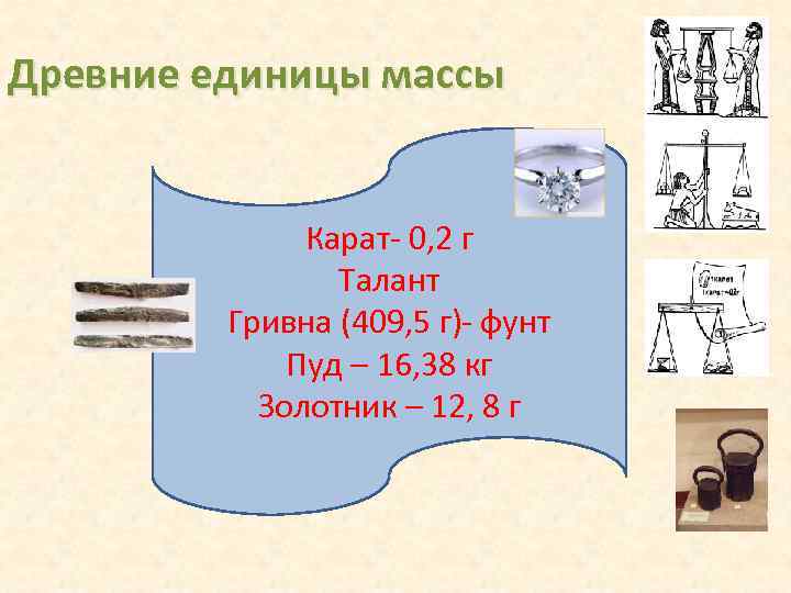 Древние единицы массы Карат- 0, 2 г Талант Гривна (409, 5 г)- фунт Пуд