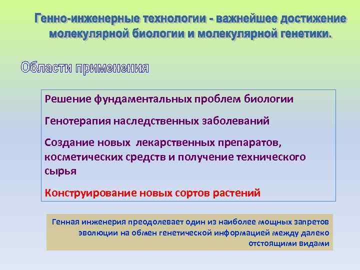 Решение фундаментальных проблем биологии Генотерапия наследственных заболеваний Создание новых лекарственных препаратов, косметических средств и