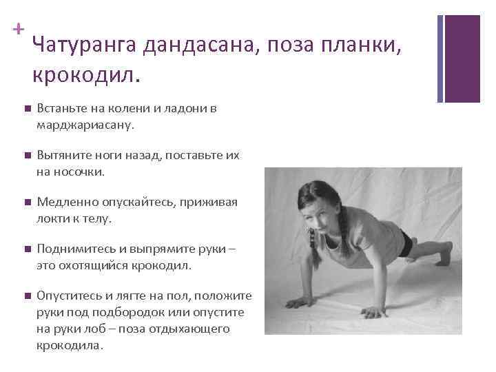 + Чатуранга дандасана, поза планки, крокодил. Встаньте на колени и ладони в марджариасану. Вытяните