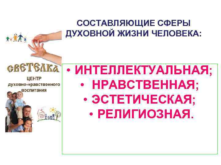 СОСТАВЛЯЮЩИЕ СФЕРЫ ДУХОВНОЙ ЖИЗНИ ЧЕЛОВЕКА: • ИНТЕЛЛЕКТУАЛЬНАЯ; • НРАВСТВЕННАЯ; • ЭСТЕТИЧЕСКАЯ; • РЕЛИГИОЗНАЯ. 