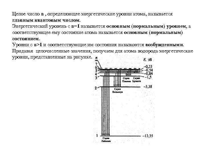 Целое число n , определяющее энергетические уровни атома, называется главным квантовым числом. Энергетический уровень