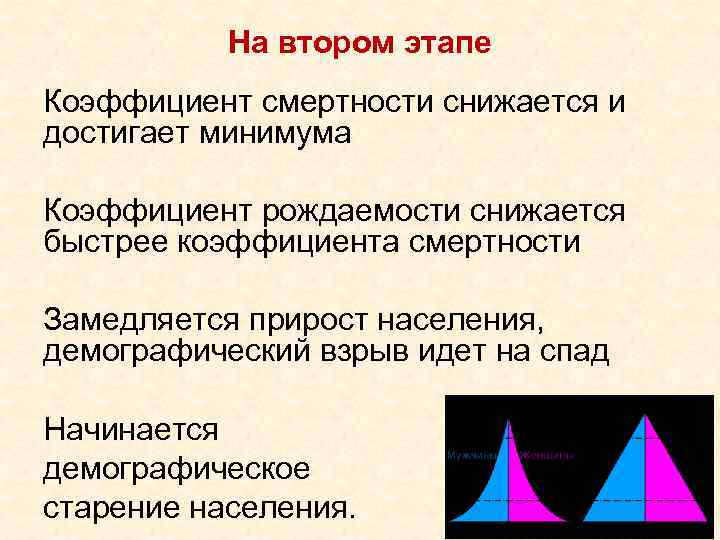 На втором этапе Коэффициент смертности снижается и достигает минимума Коэффициент рождаемости снижается быстрее коэффициента