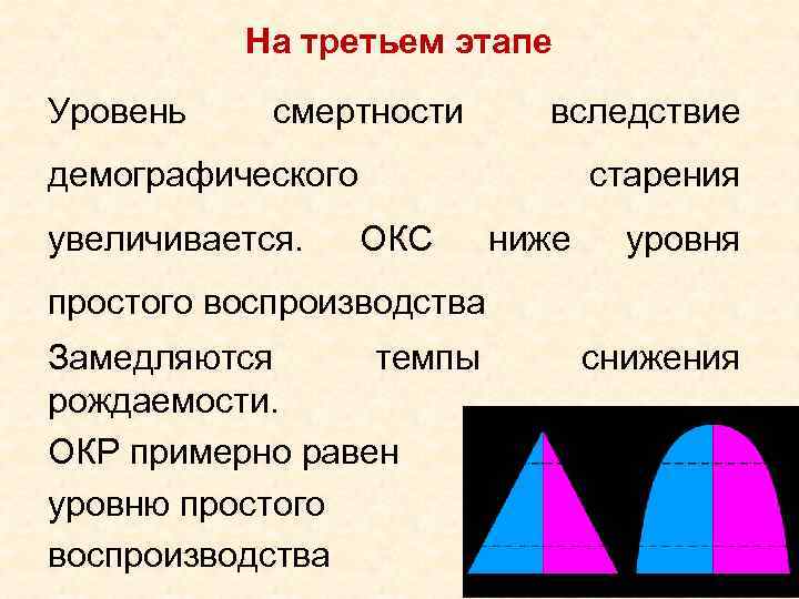 На третьем этапе Уровень смертности вследствие демографического увеличивается. ОКС старения ниже уровня простого воспроизводства