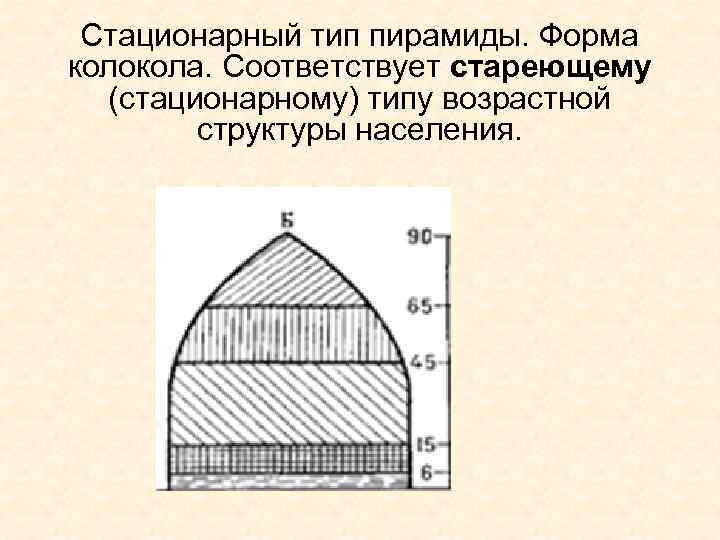 Стационарный тип пирамиды. Форма колокола. Соответствует стареющему (стационарному) типу возрастной структуры населения. 