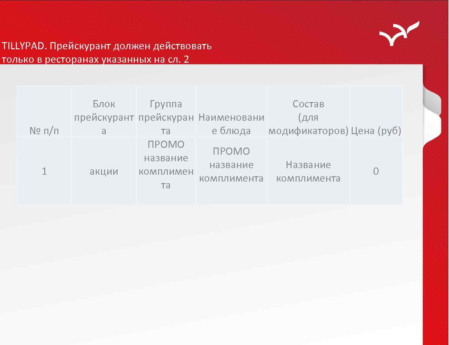 TILLYPAD. Прейскурант должен действовать только в ресторанах указанных на сл. 2 № п/п 1