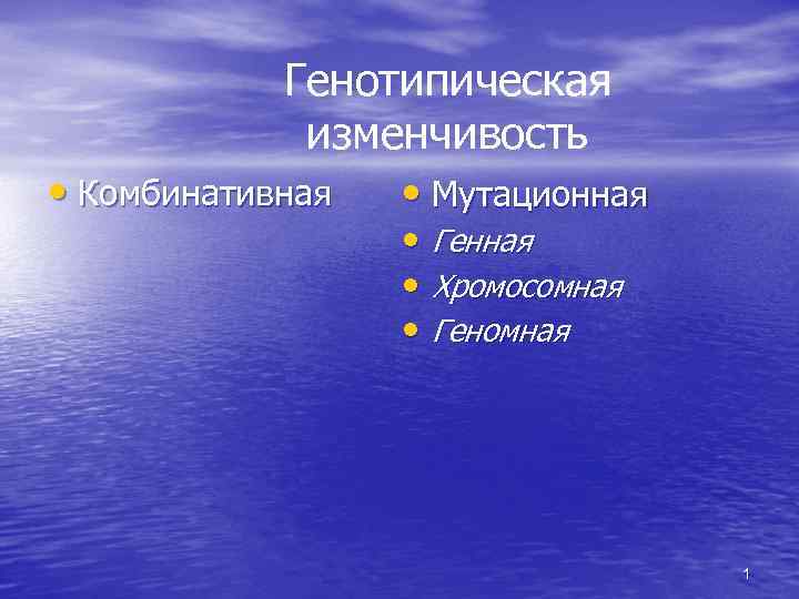 Генотипическая изменчивость • Комбинативная • Мутационная • Генная • Хромосомная • Геномная 1 