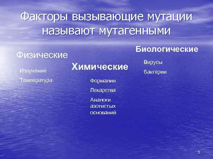 Факторы вызывающие мутации называют мутагенными Биологические Физические Излучение Температура Химические Вирусы бактерии Формалин Лекарства