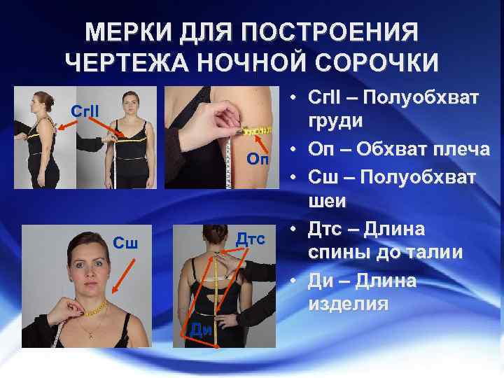 МЕРКИ ДЛЯ ПОСТРОЕНИЯ ЧЕРТЕЖА НОЧНОЙ СОРОЧКИ • Сг. II – Полуобхват груди • Оп