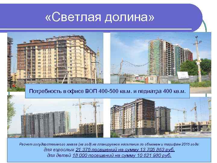  «Светлая долина» Потребность в офисе ВОП 400 -500 кв. м. и педиатра 400