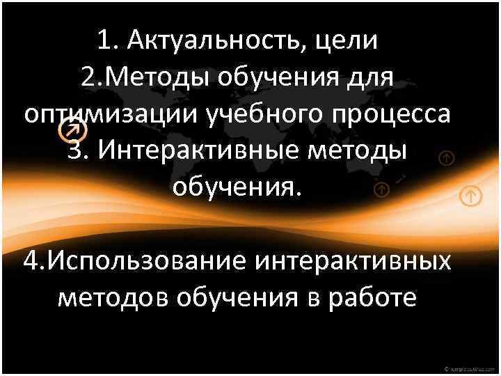 1. Актуальность, цели 2. Методы обучения для оптимизации учебного процесса 3. Интерактивные методы обучения.