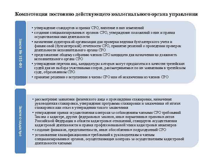 Компетенция постоянно действующего коллегиального органа управления Закон № 315 -ФЗ • утверждение стандартов и