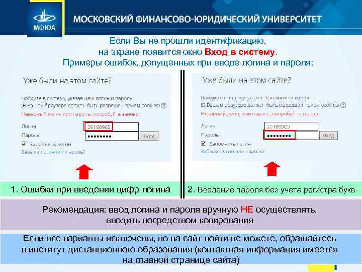 Если Вы не прошли идентификацию, на экране появится окно Вход в систему. Примеры ошибок,