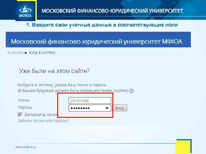 Учетные данные. Введите свои учетные данные для подключения. Поле учетных данных. Moodle МФЮА. Введите свой регистрационный номер в соответствующее поле..