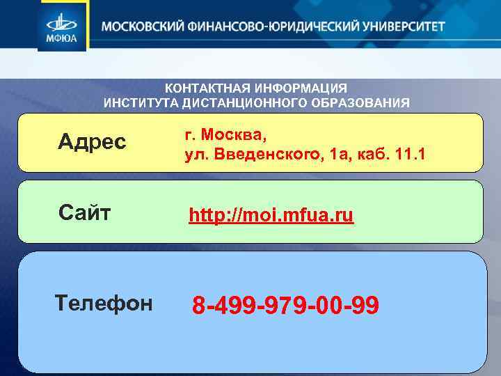 КОНТАКТНАЯ ИНФОРМАЦИЯ ИНСТИТУТА ДИСТАНЦИОННОГО ОБРАЗОВАНИЯ Адрес г. Москва, ул. Введенского, 1 а, каб. 11.