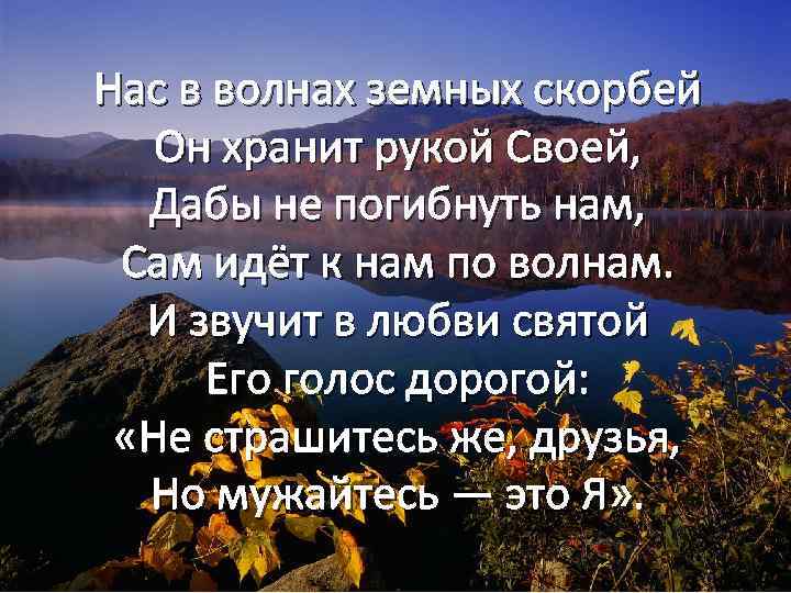 Нас в волнах земных скорбей Он хранит рукой Своей, Дабы не погибнуть нам, Сам