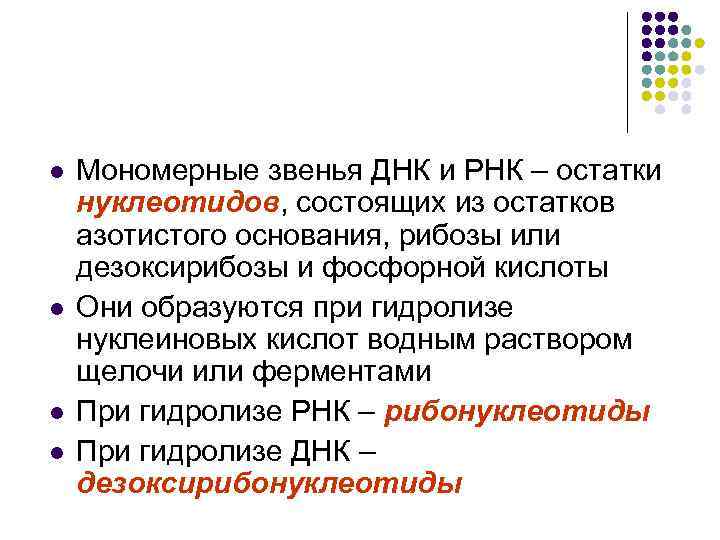 l l Мономерные звенья ДНК и РНК – остатки нуклеотидов, состоящих из остатков азотистого