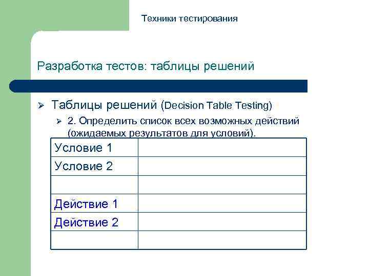 Техники тестирования Разработка тестов: таблицы решений Ø Таблицы решений (Decision Table Testing) Ø 2.