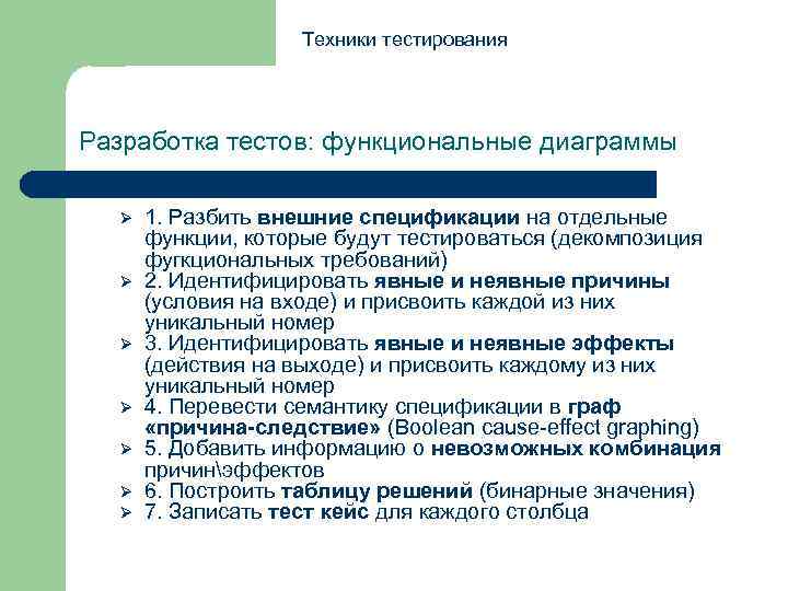 Техники тестирования Разработка тестов: функциональные диаграммы Ø Ø Ø Ø 1. Разбить внешние спецификации