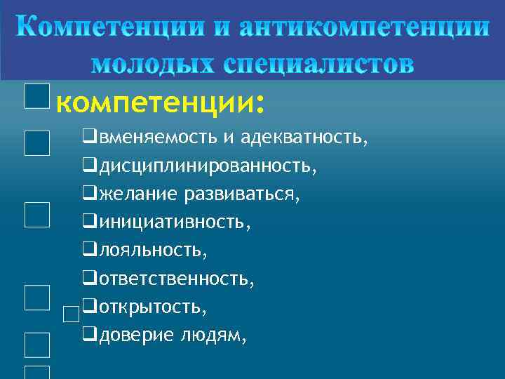 компетенции: qвменяемость и адекватность, qдисциплинированность, qжелание развиваться, qинициативность, qлояльность, qответственность, qоткрытость, qдоверие людям, 