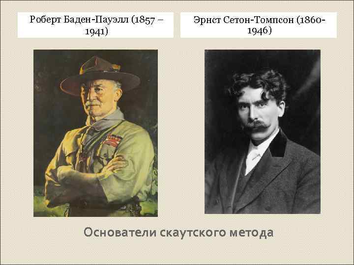 Роберт Баден-Пауэлл (1857 – 1941) Эрнст Сетон-Томпсон (18601946) Основатели скаутского метода 