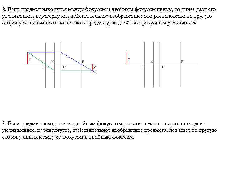 2. Если предмет находится между фокусом и двойным фокусом линзы, то линза дает его