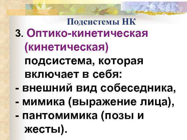 Подсистемы НК 3. Оптико-кинетическая (кинетическая) подсистема, которая включает в себя: - внешний вид собеседника,